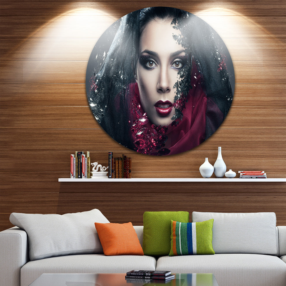 Mysterious Woman, Portrait Contemporary Large Disc Metal Wall Art, 11"