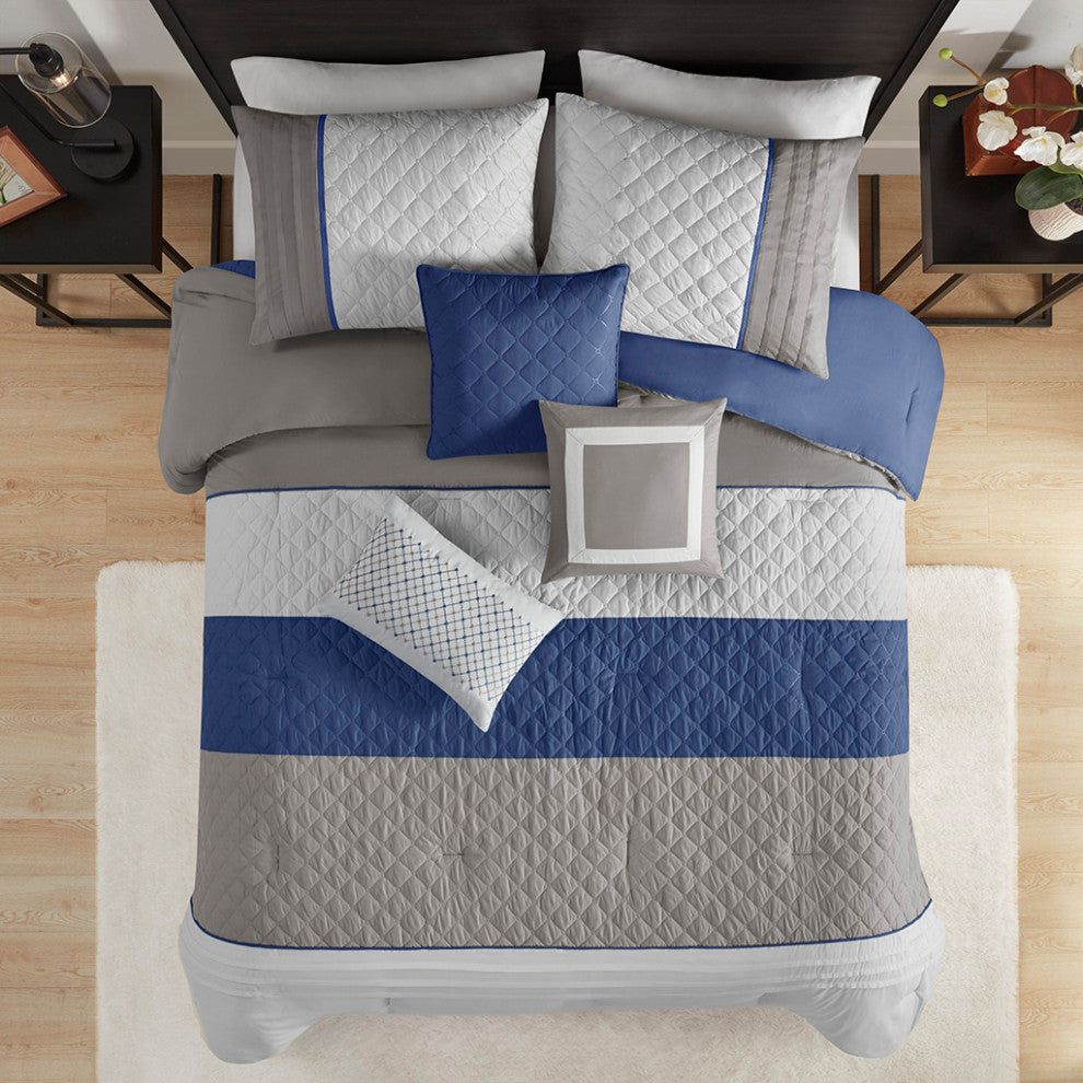 Madison Park Jenson 7 Piece Color Block Stripe Comforter Set With Throw Pillows