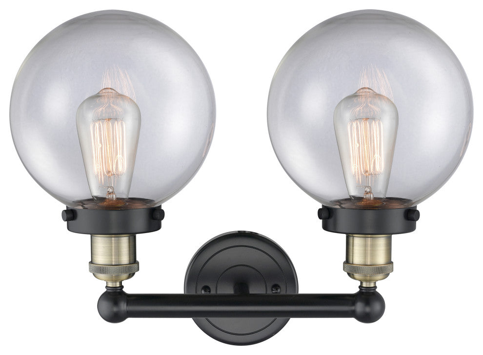Edison Large Beacon 2-Light 16" Vanity Light, Black Antique Brass, Clear Shade