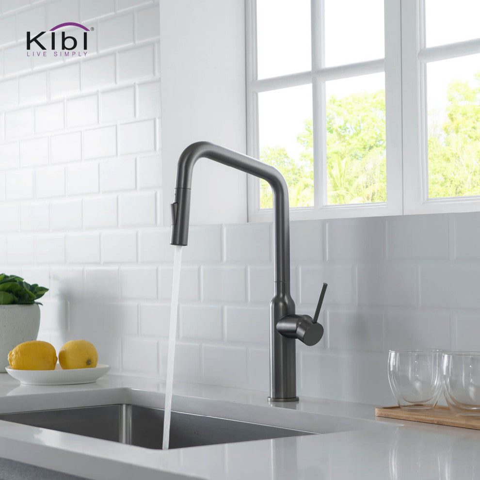 Macon Single Handle Pull Down Kitchen Faucet, Titanium, W/ Soap Dispenser