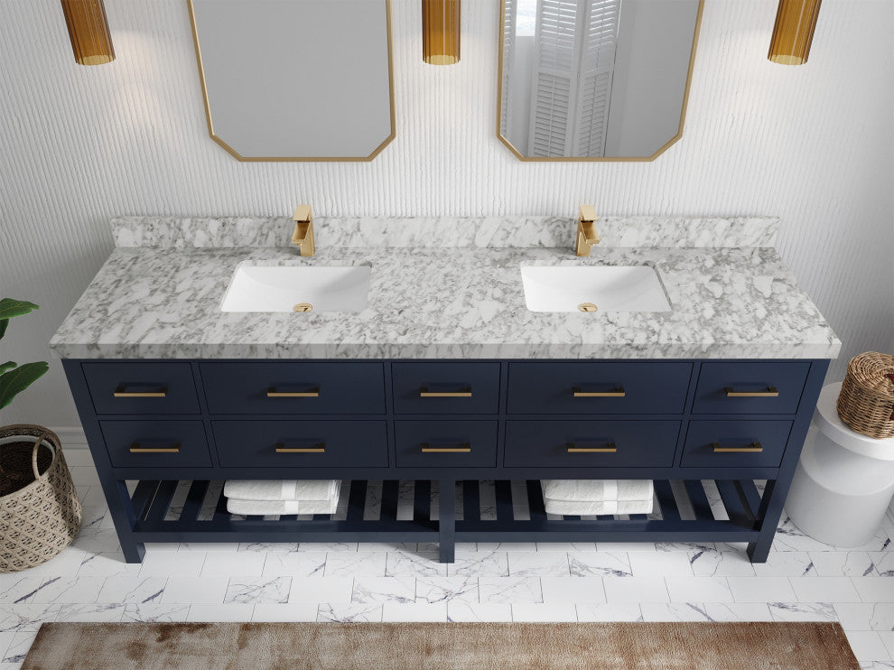 Parker 84 Double Sink Bathroom Vanity, Navy Blue 2" Carrara Marble