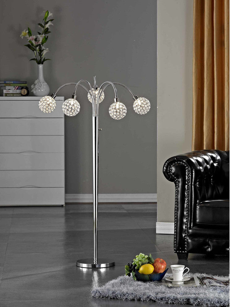 SOHO 65"H Modern 5-Light Brushed Steel Crystal Balls Floor Lamp With Dimmer