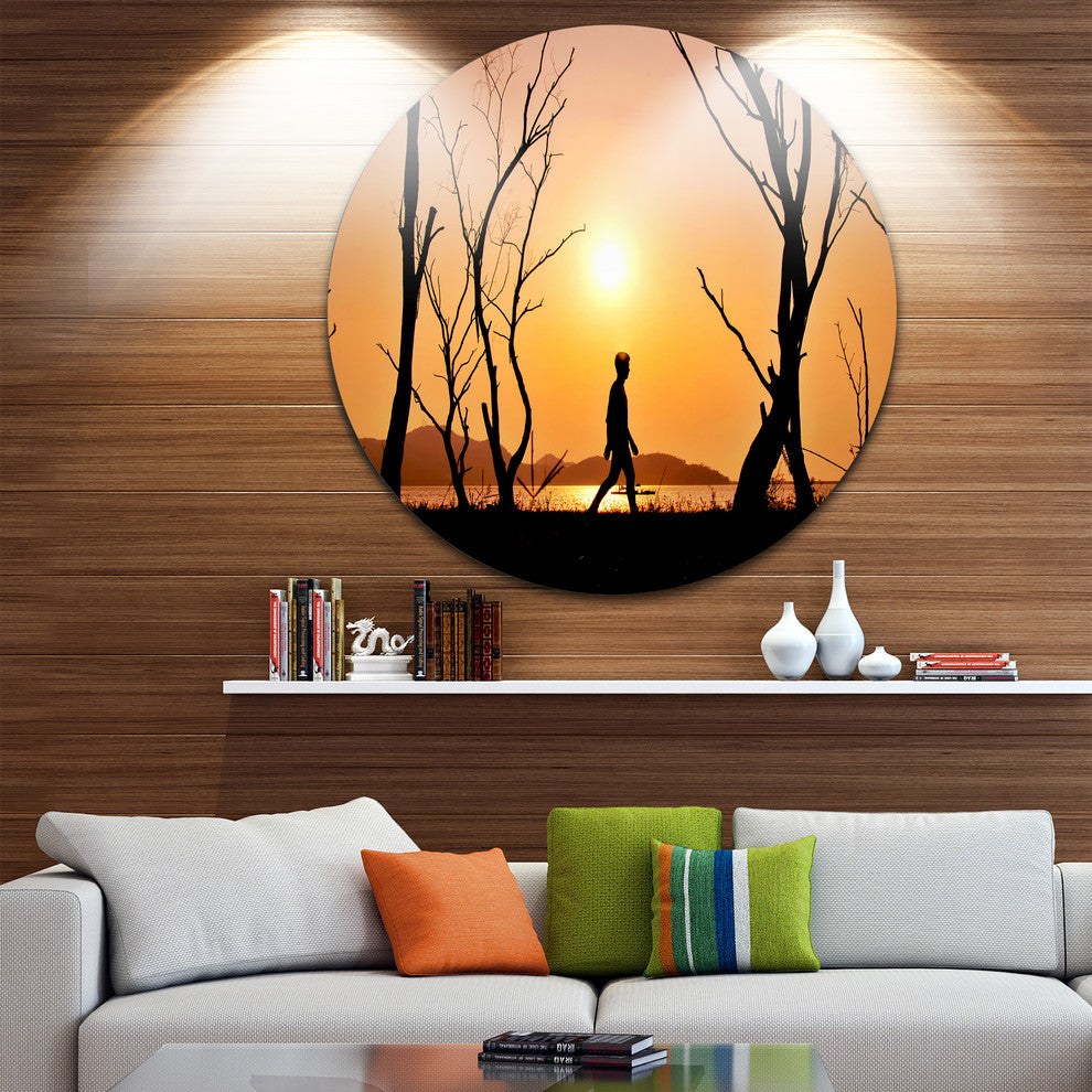 Man Walking Alone In Evening, Landscape Photo Round Metal Wall Art, 23"