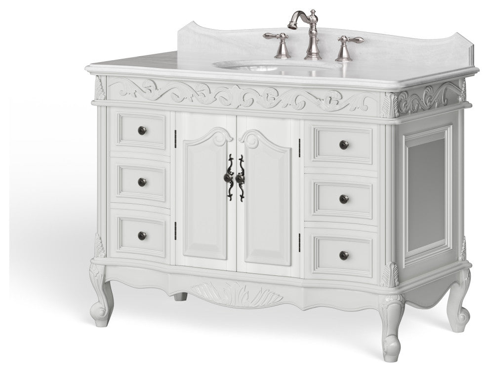Antique White Traditional Style Single Sink Beckham Bathroom Vanity, White, 42", Single Sink, With Mirror, Freestanding