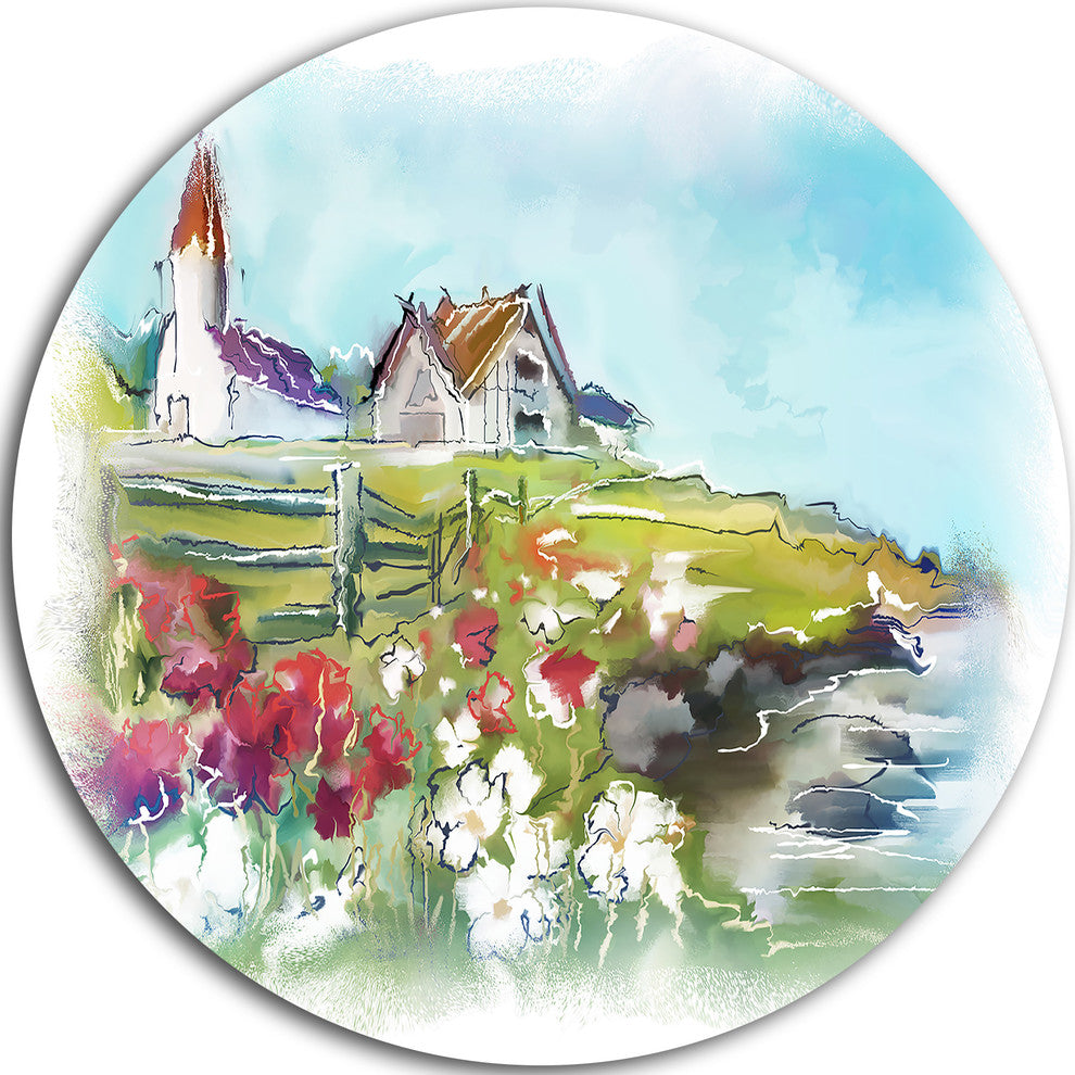 Buildings In Green Meadow, Landscape Painting Round Metal Wall Art, 23"