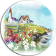 Buildings In Green Meadow, Landscape Painting Round Metal Wall Art, 23"