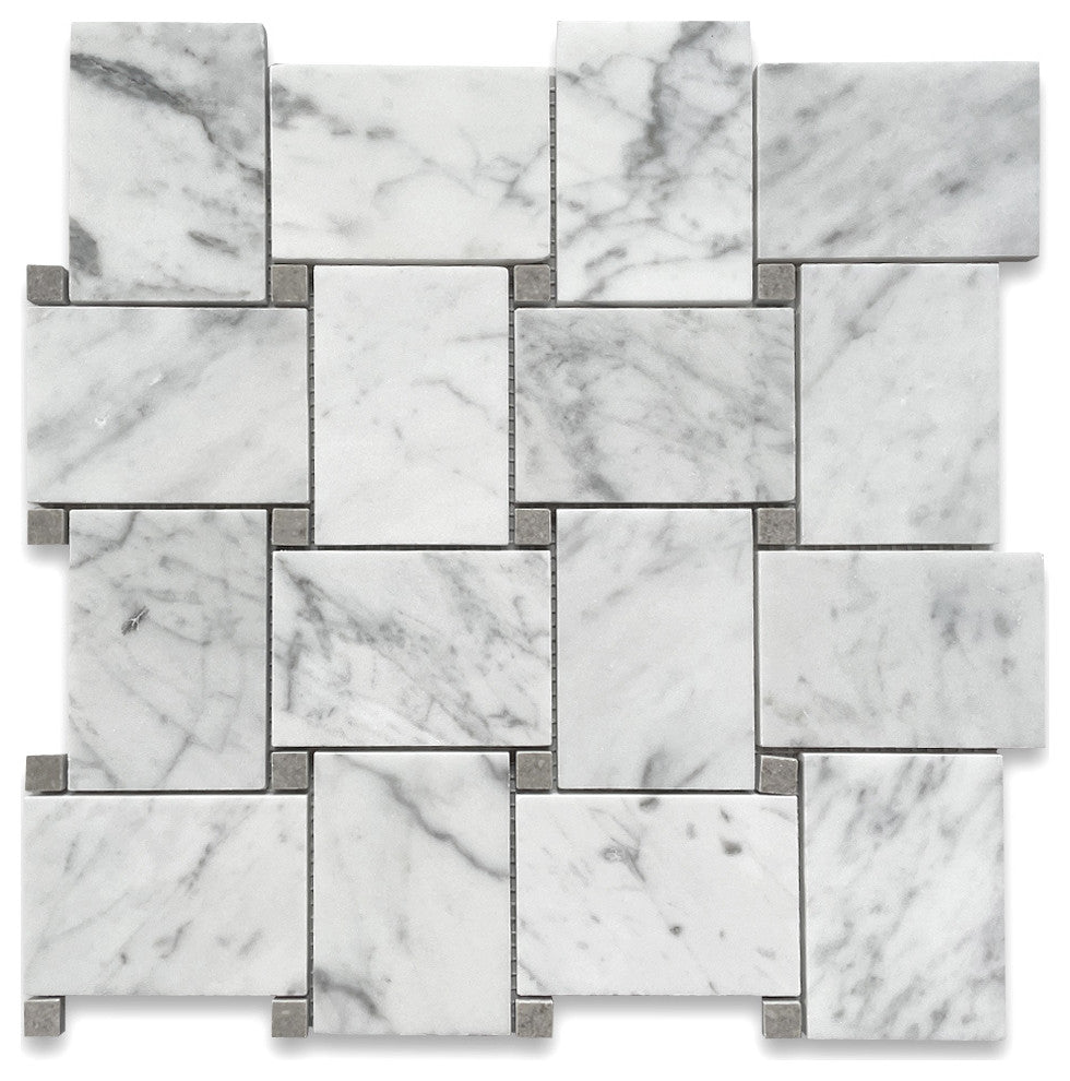 Wide Basketweave Mosaic White Carrara Marble Tile Gray Dots Polished, 1 sheet
