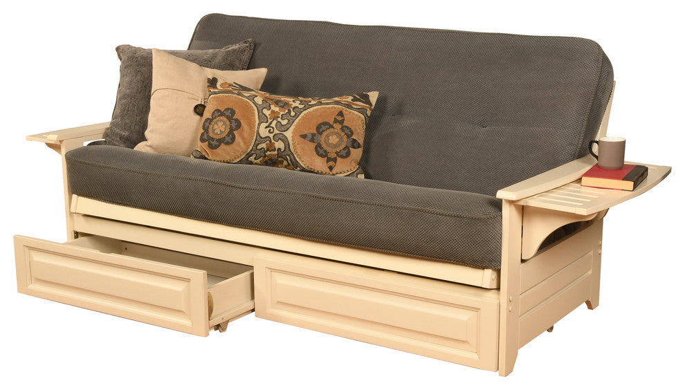 Mesa Frame Futon With Antique White Finish, Storage Drawers, Marmont Thunder