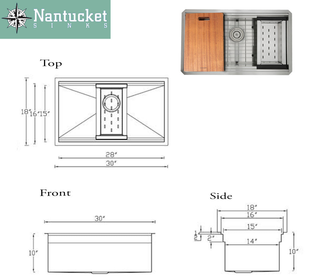 Nantucket Sinks ZR-PS-3018-16 30" Pro Series Workstation Sink