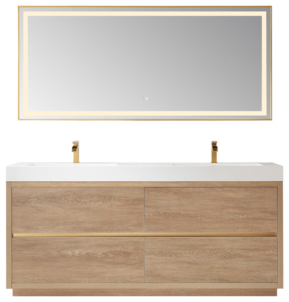 Huesca Bath Vanity, Integrated Sink Top, North American Oak, 72", With Mirror