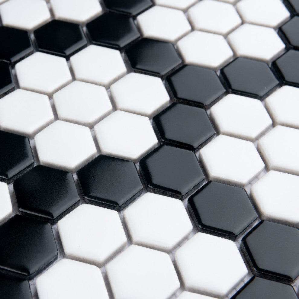 Metro 1" Hex Porcelain Mosaic Floor and Wall Tile, Wht Blk Hncom
