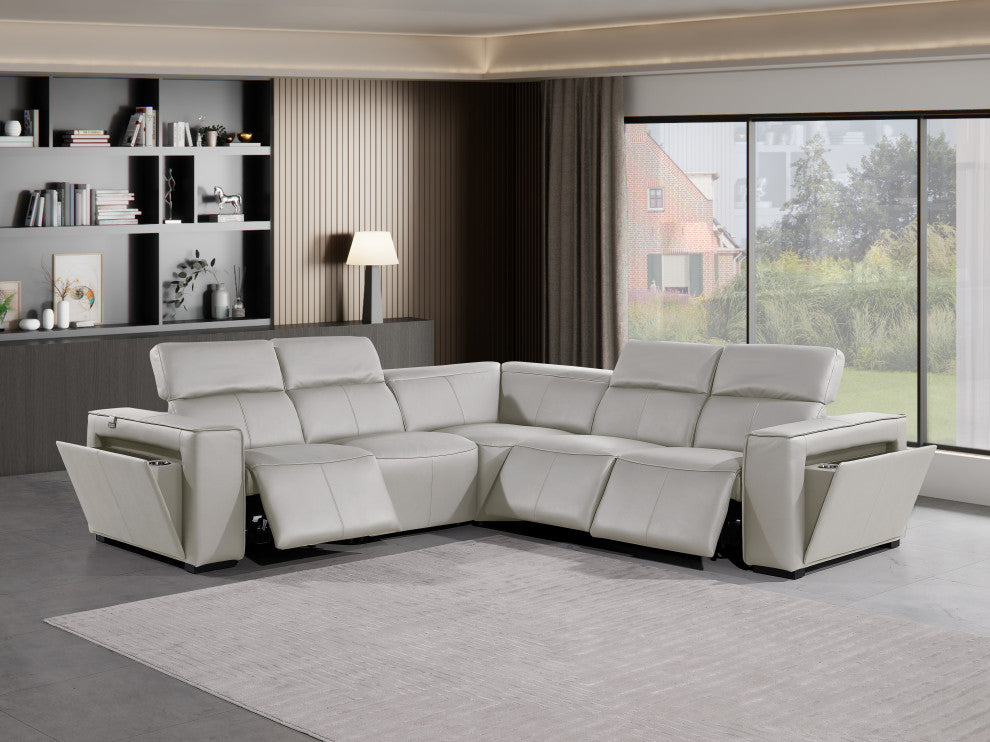 Niccolo Italian Leather 5-Piece L-Shaped Power Reclining Sectional, Light Gray