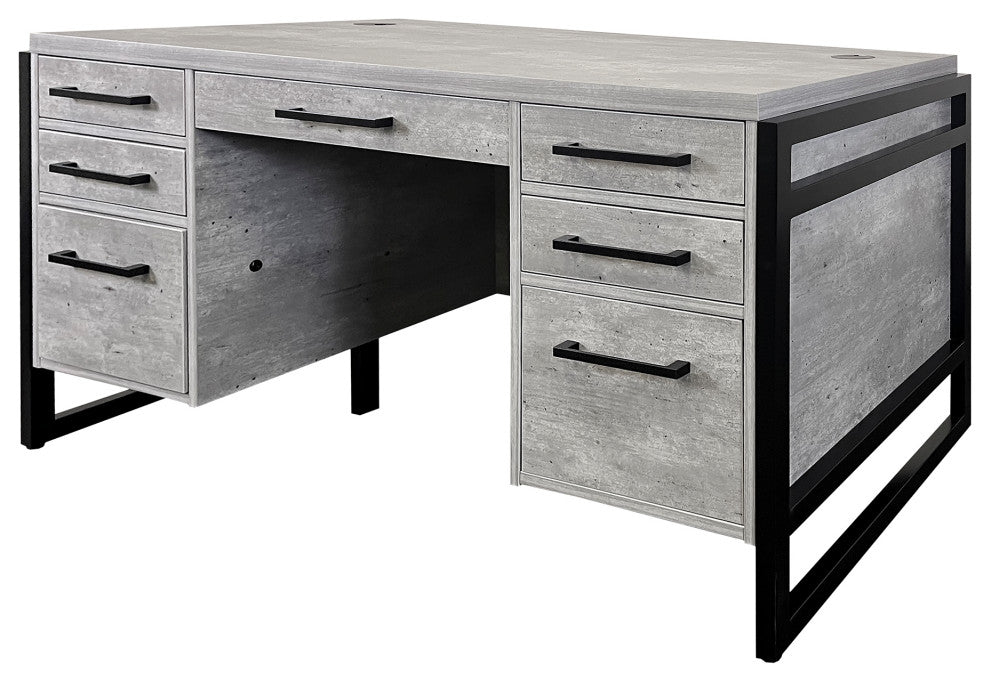 Modern Wood Laminate Double Pedestal Executive Desk, Concrete Gray
