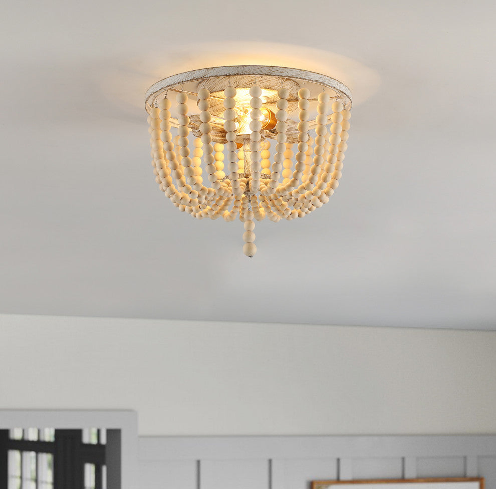 2-Lights Antique Rustic Wood Beaded Flush Mount Light