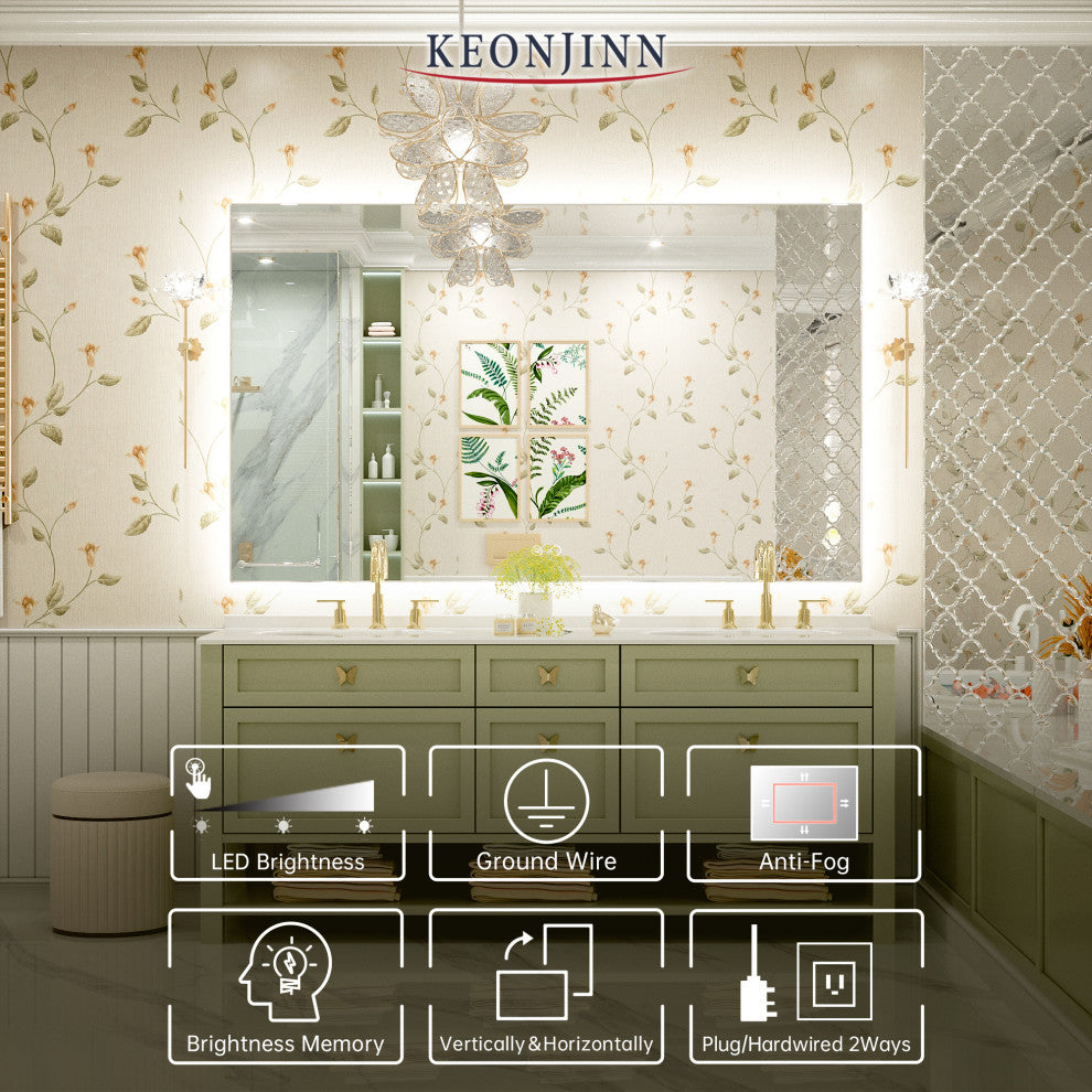 Backlit LED Mirror for Bathroom, Anti-Fog Dimmable, Silver, 60x36