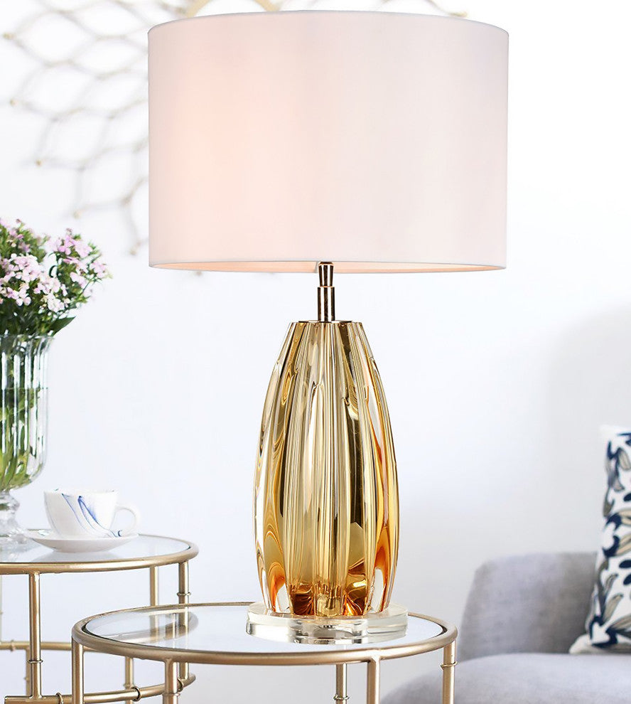 Clear Sculpted Amber Glass 25" Lamp With Crystal Base and Drum Shade