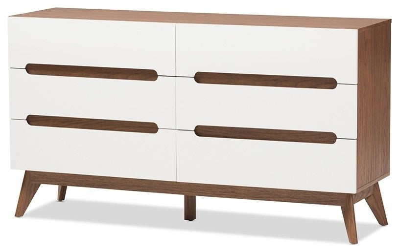 Calypso Mid-Century Modern White and Walnut Wood 6-Drawer Storage Dresser