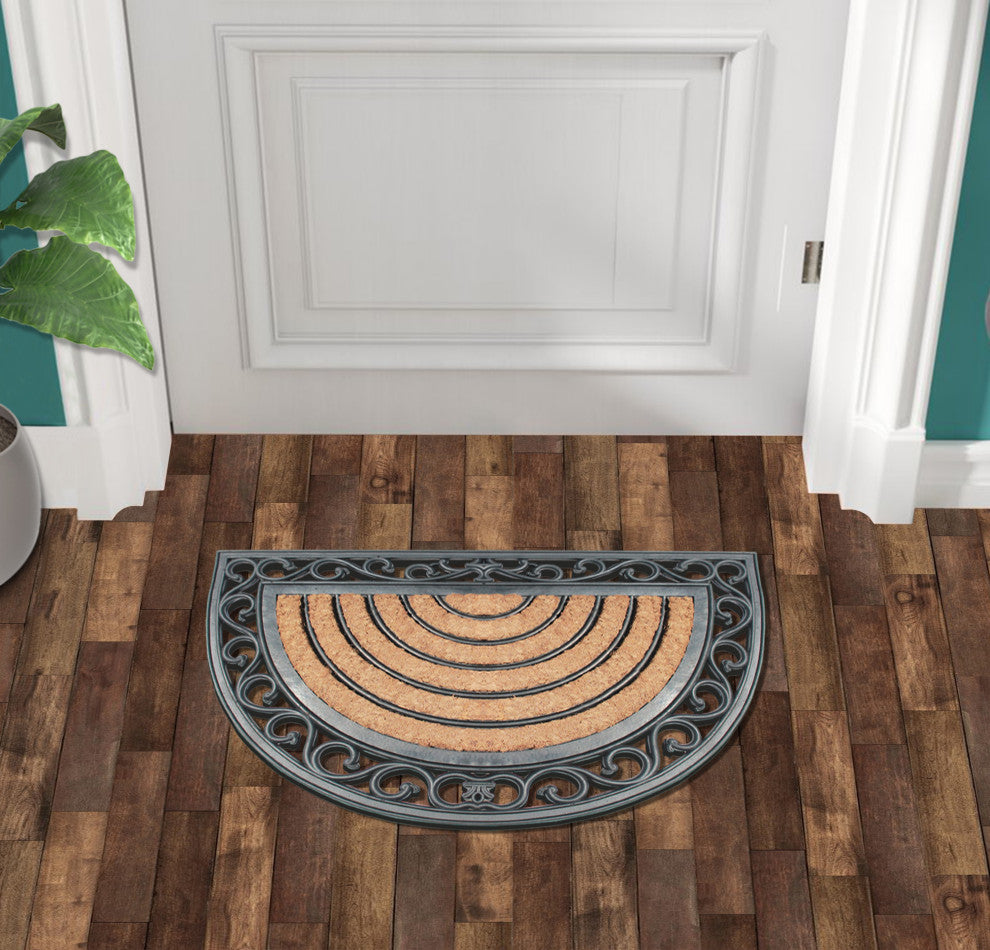 A1HC Half Round, Rubber and Coir Striped Outdoor Doormat 18"x30", Black