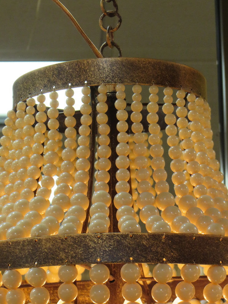 20" Iron Cream Beaded Pendant Chandelier, Romantic Pearl 4-Light Antique