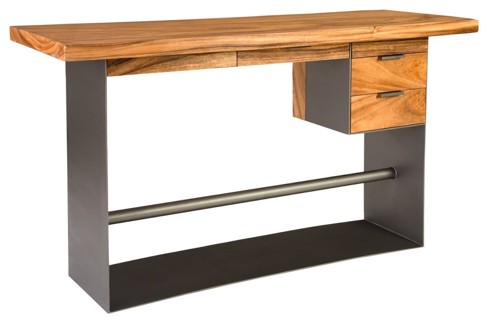 Iron Frame Standing Desk With Drawers, Chamcha Wood, Natural, Bar Height