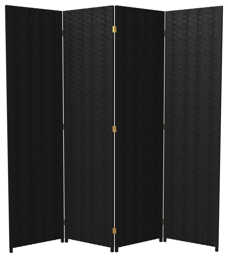 6' Tall Woven Fiber Room Divider, 4 Panel, Black