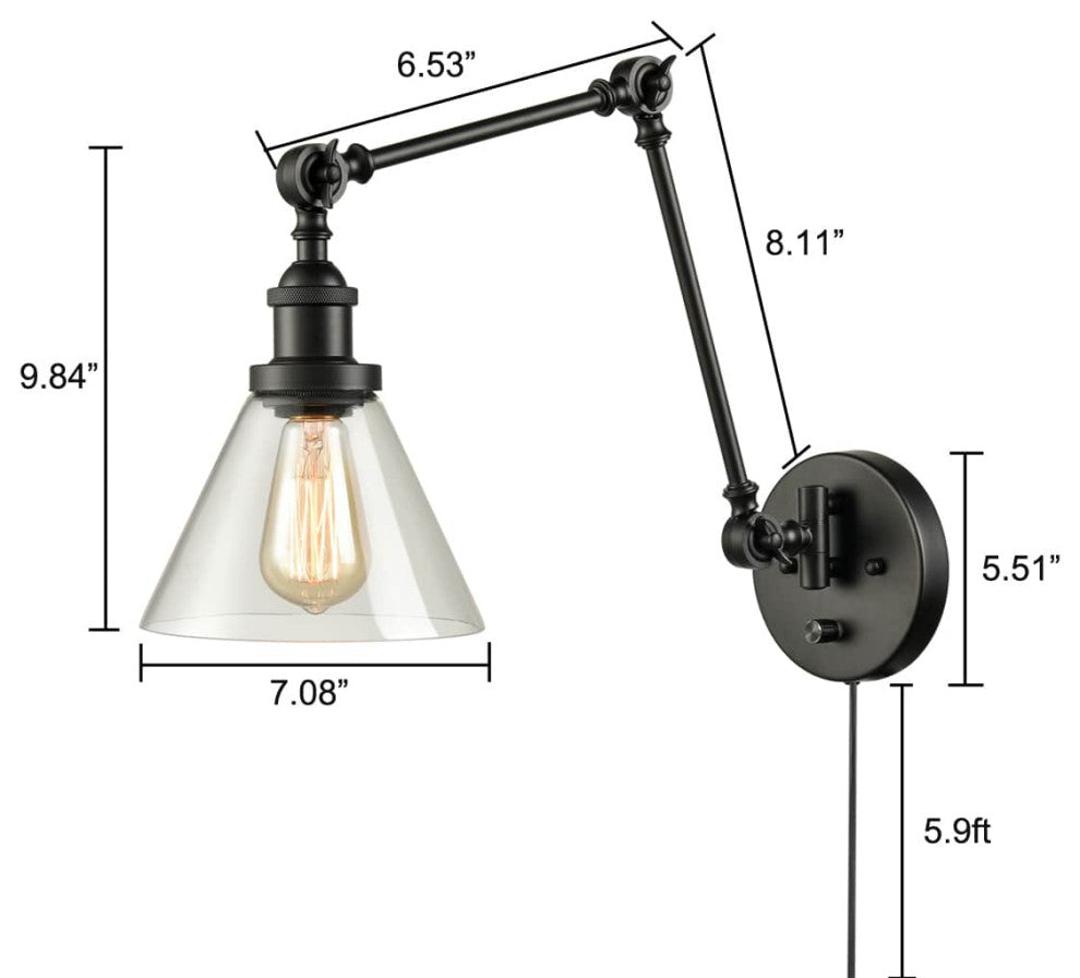 Black Swing Arm Plug-in Wall Light With Clear Glass