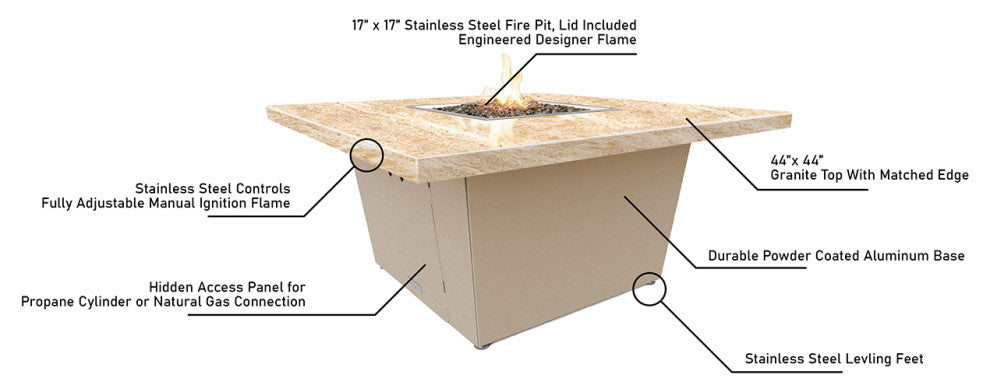 Square Fire Pit Table, 44x44, Chat Height, Propane, So Cal Special Top, Bronze