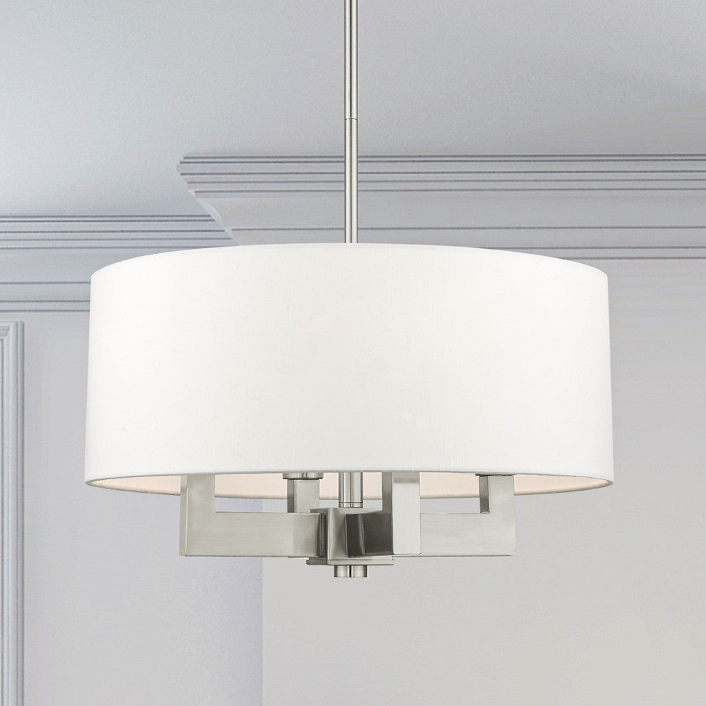 Livex Cresthaven 4 Light Brushed Nickel Chandelier, Off-white Fabric Shade