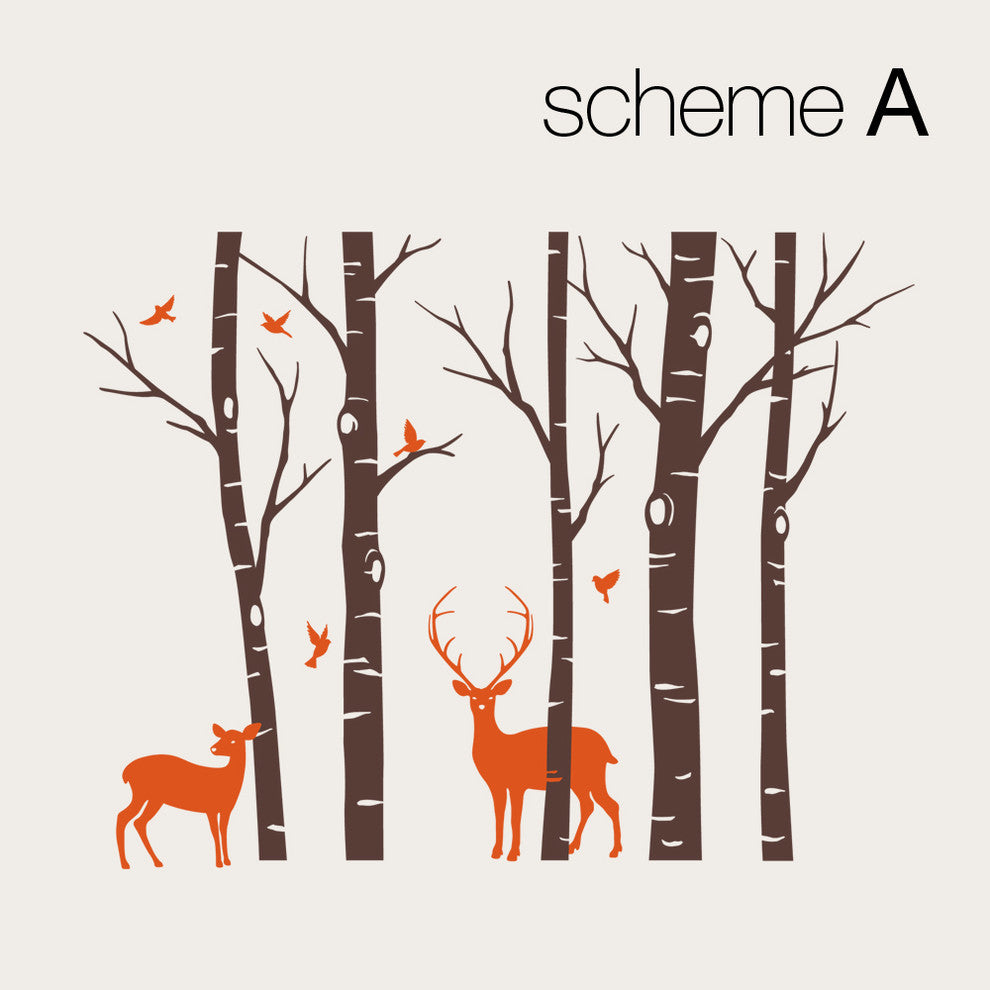 Birch Tree With Deer and Bird Wall Decals Sticker Set, Scheme A, 96" Tall Trees