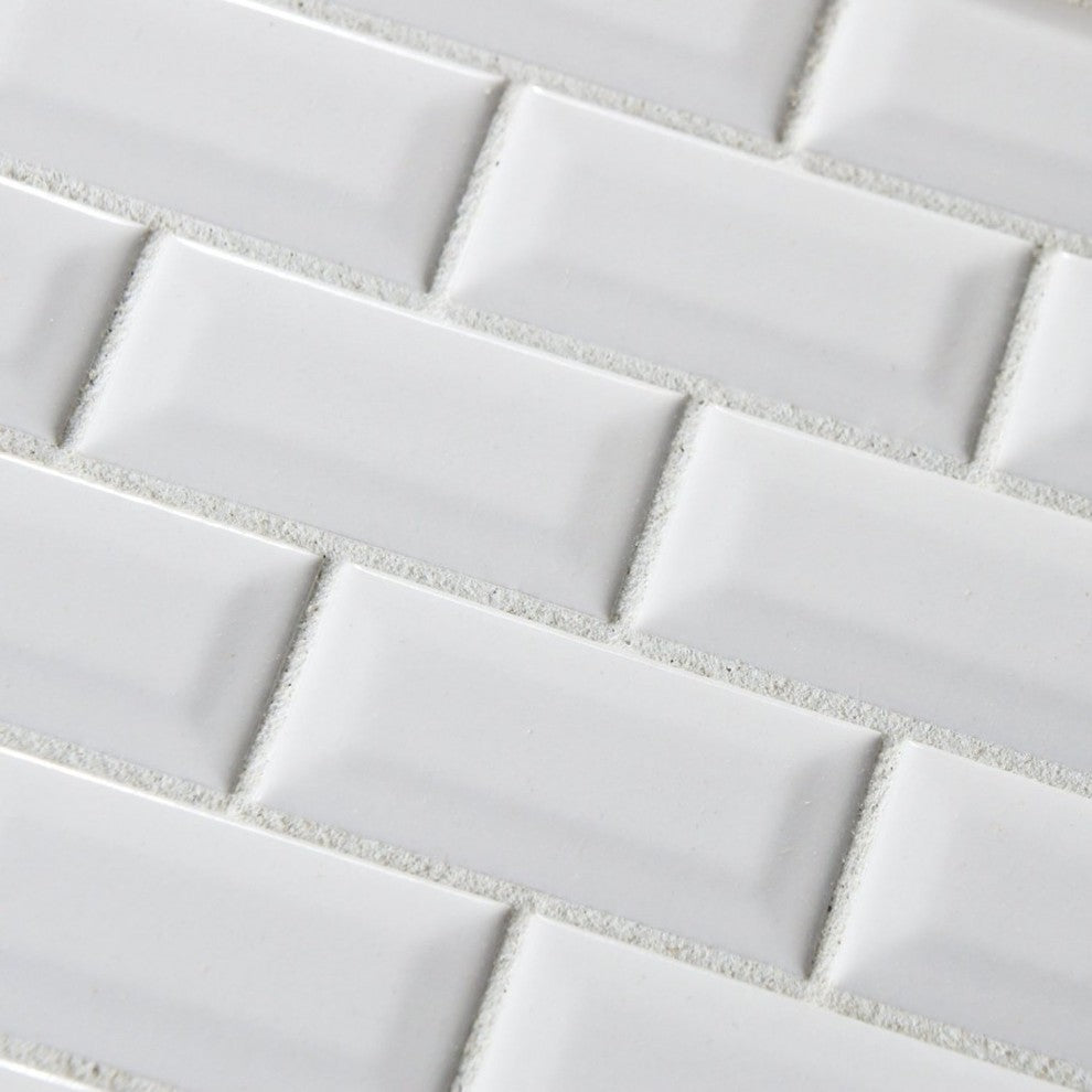 Subway Bevel Glossy Ceramic Tile, White, Sample
