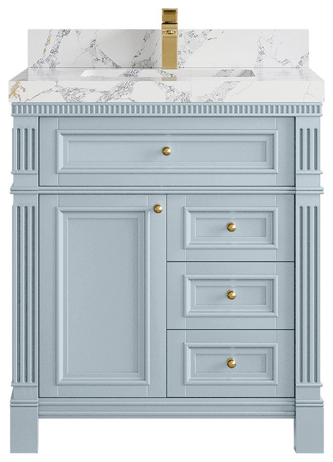 Paris 30" Single Sink Bathroom Vanity, Blue Heather 2" Calacatta Poannazo