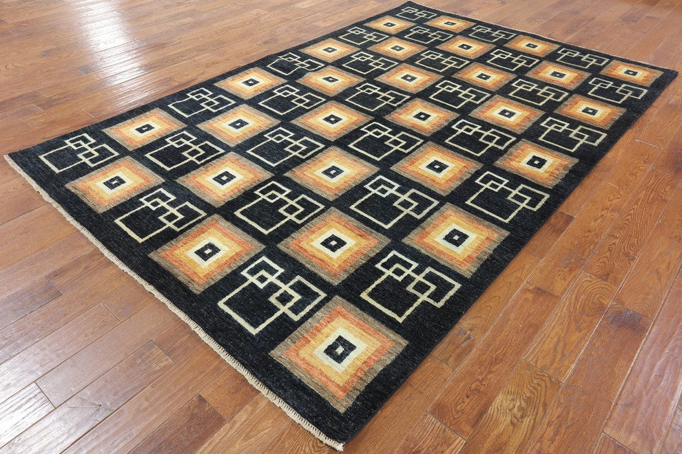 Gabbeh Collection Oriental 7x10 Black Hand Knotted Geometric Wool Area Rug H9199