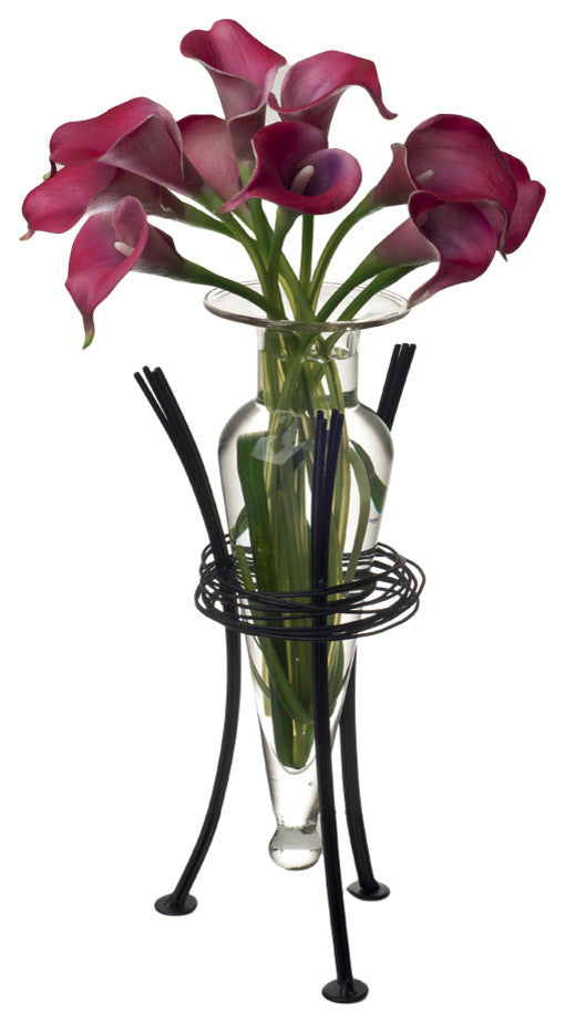 Amphora Vase on Wire Wrap Metal Tripod Stand, Clear
