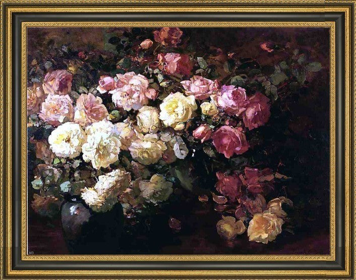 Franz Bischoff Still Life with White and Pink Roses Framed Canvas Print, 21"x28"