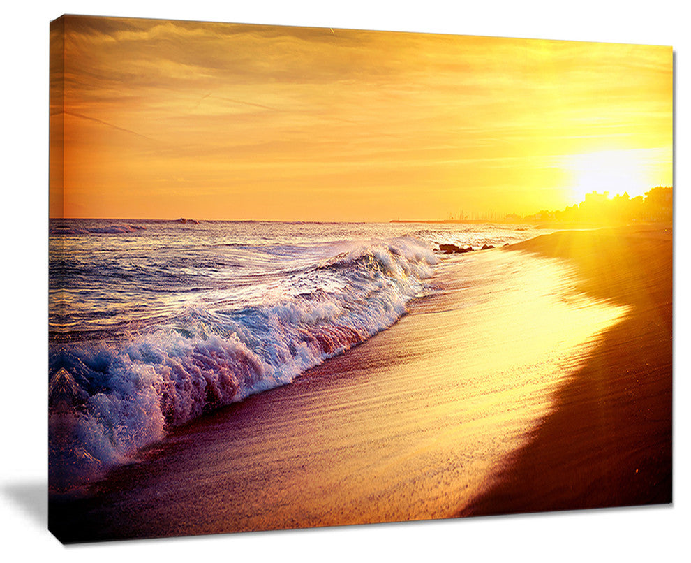 "Bright Yellow Sky With Foam Waves" Seashore Wall Art, 40"x30"