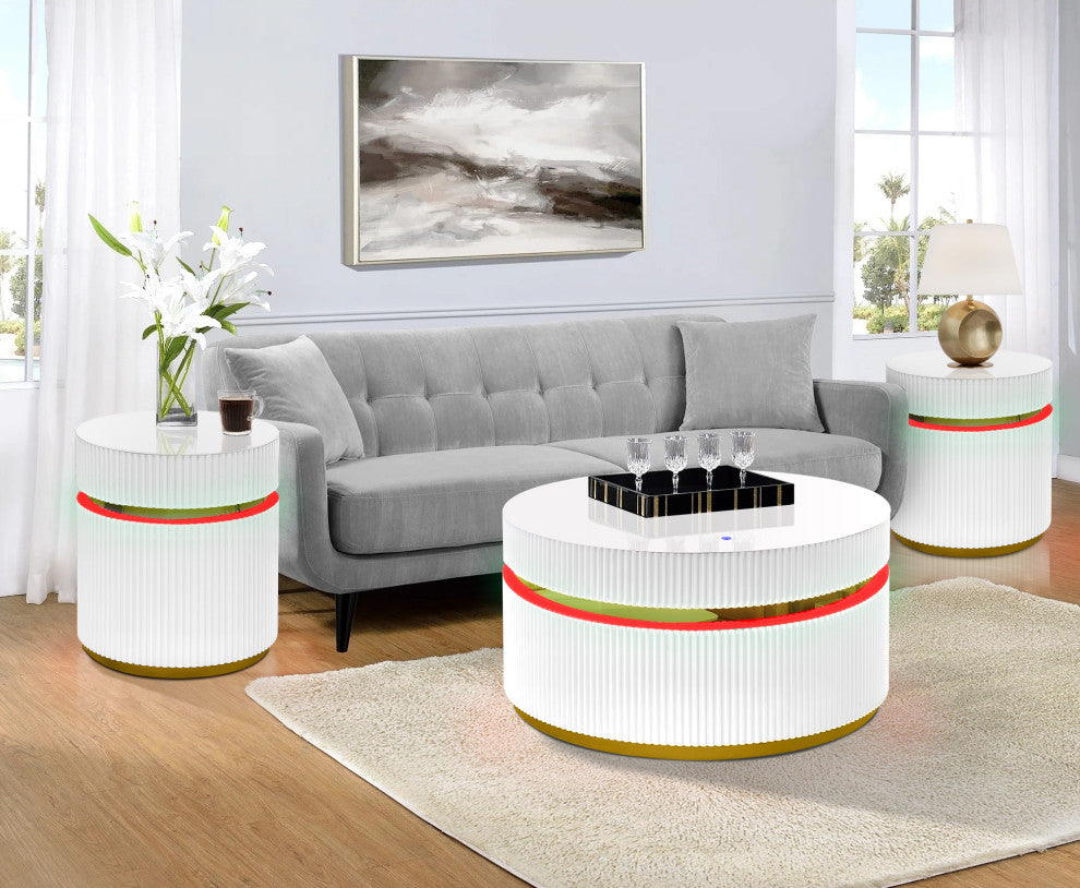 Tavita 3-Piece Round Coffee Table Set With Glass Top and LED Lights