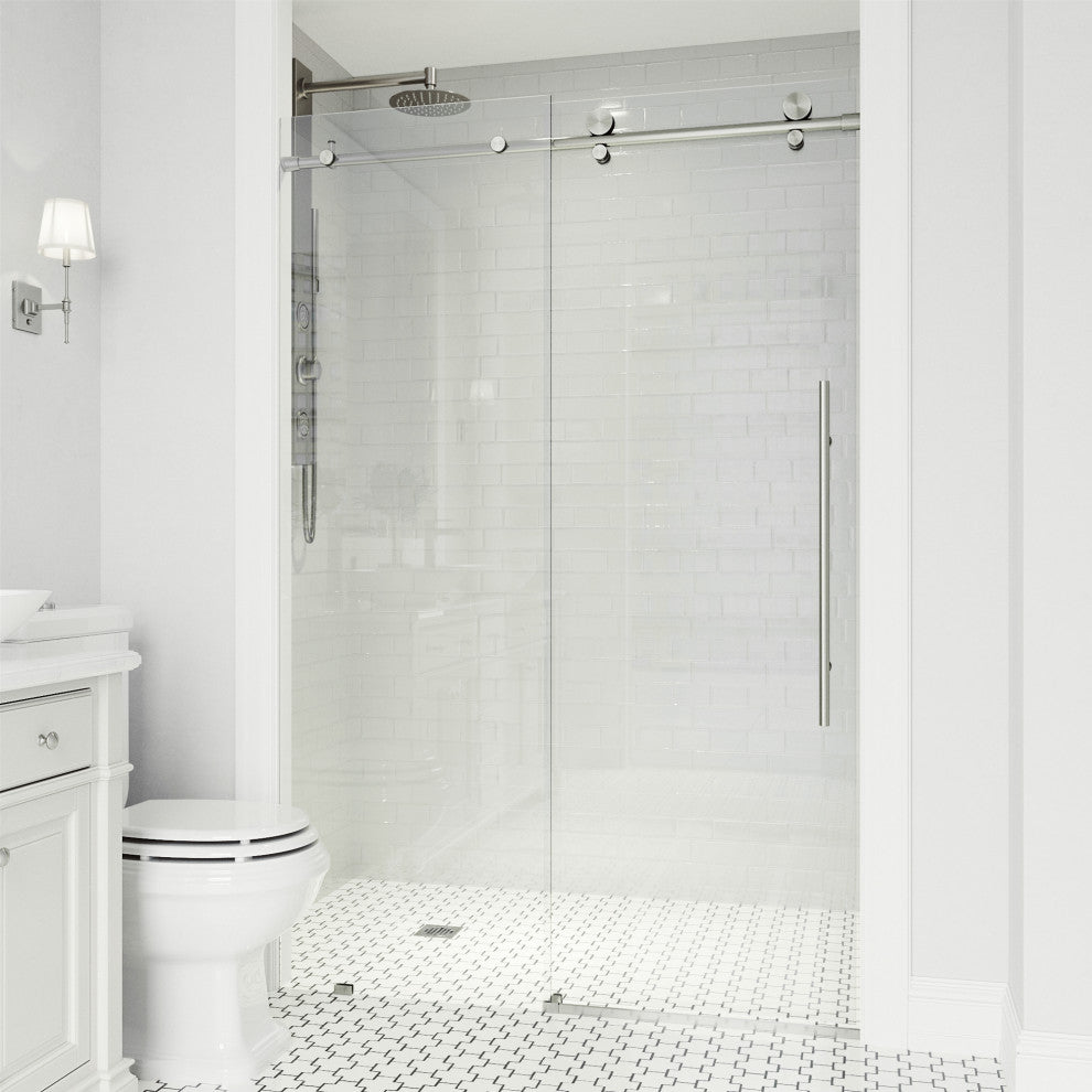 VIGO Elan E-Class 56" to 60" W x 76" H Frameless Sliding Shower Door, Stainless Steel, Clear Glass