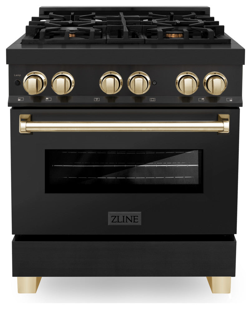 ZLINE 30" Dual Fuel Range, Black Stainless Steel With Gold Accents RABZ-30-G