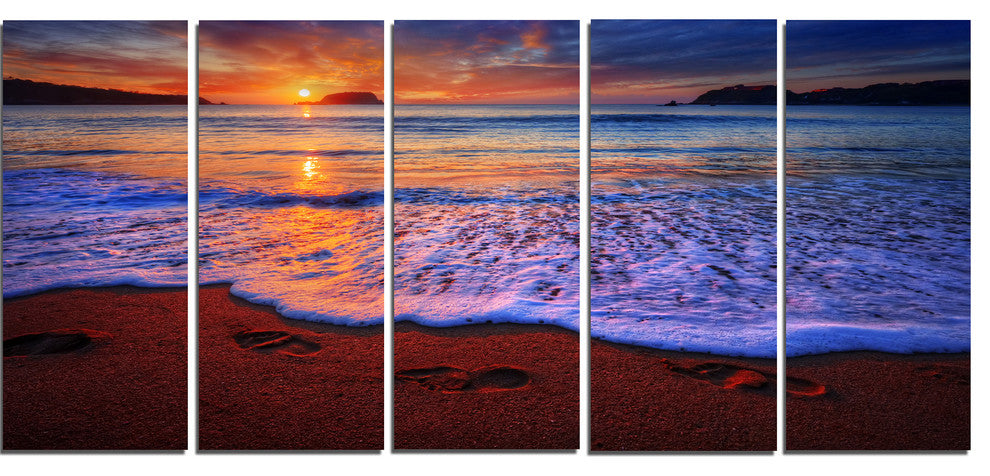 Colorful Sunset Over Beautiful Shore, Seashore Canvas Print, 60"x28", 5 Panels
