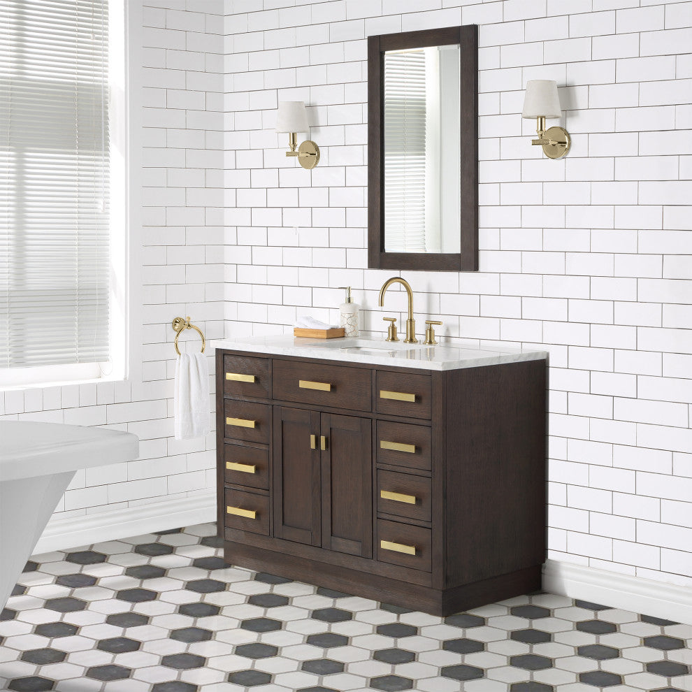Chestnut 48" Bath Vanity, Brown Oak, Mirror, Satin Gold Hardware