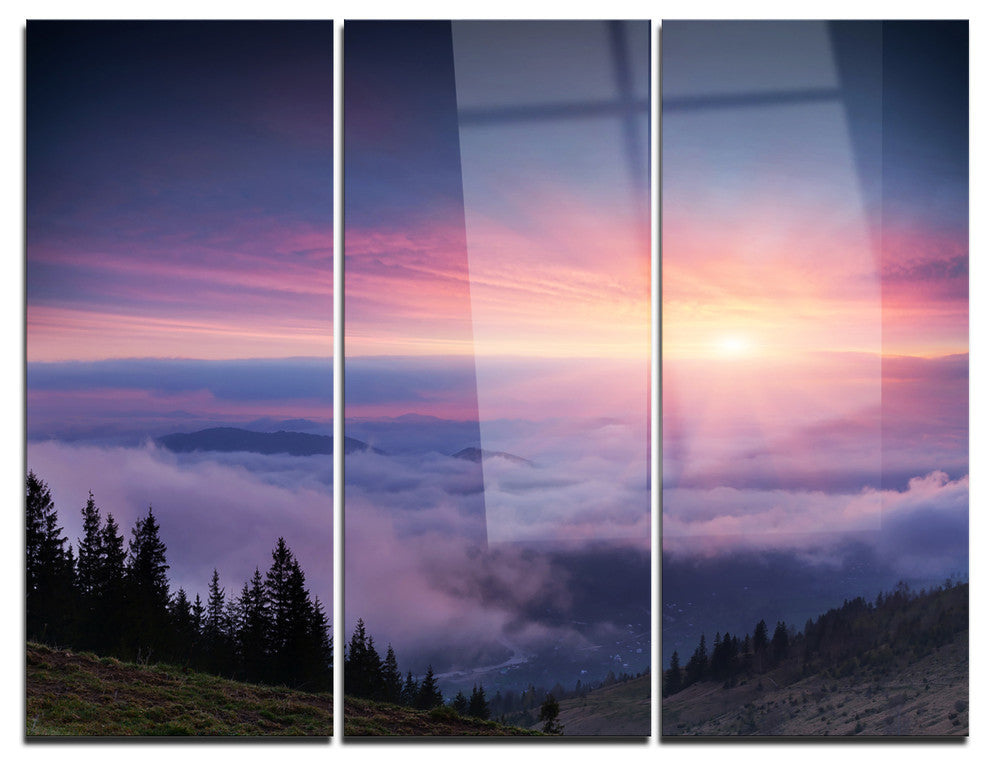 "Sunrise in Purple Sky Over Mountains" Metal Wall Art, 3 Panels, 36"x28"