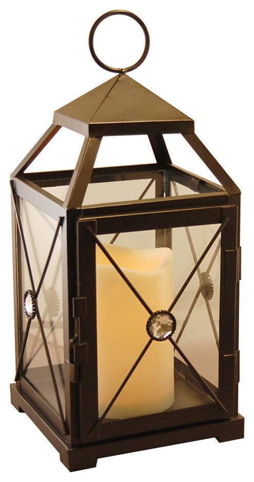 Metal Lantern with Flickering LED Candle, Black Gem
