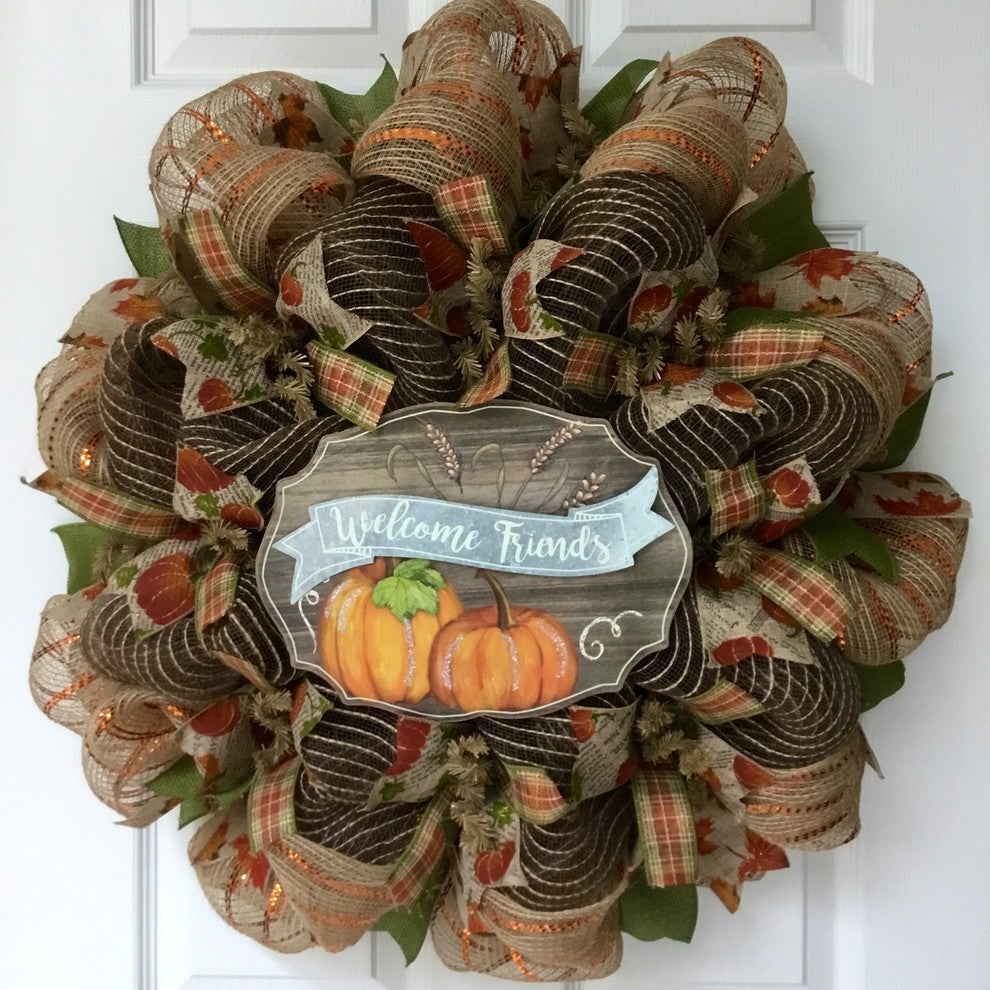 Welcome Friends Burlap Deco Mesh Harvest Wreath