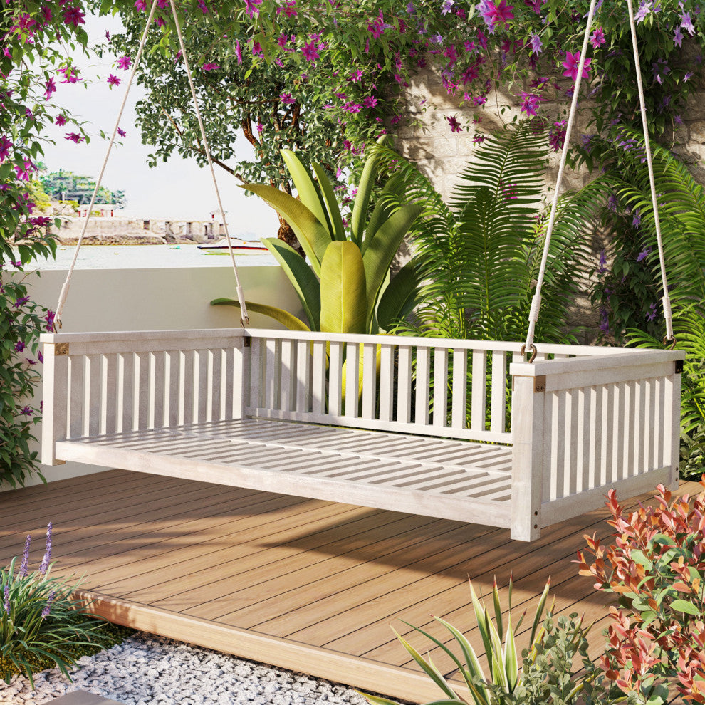 GDF Studio Acacia Wood Twin Size Garden Porch Swing Bed, White