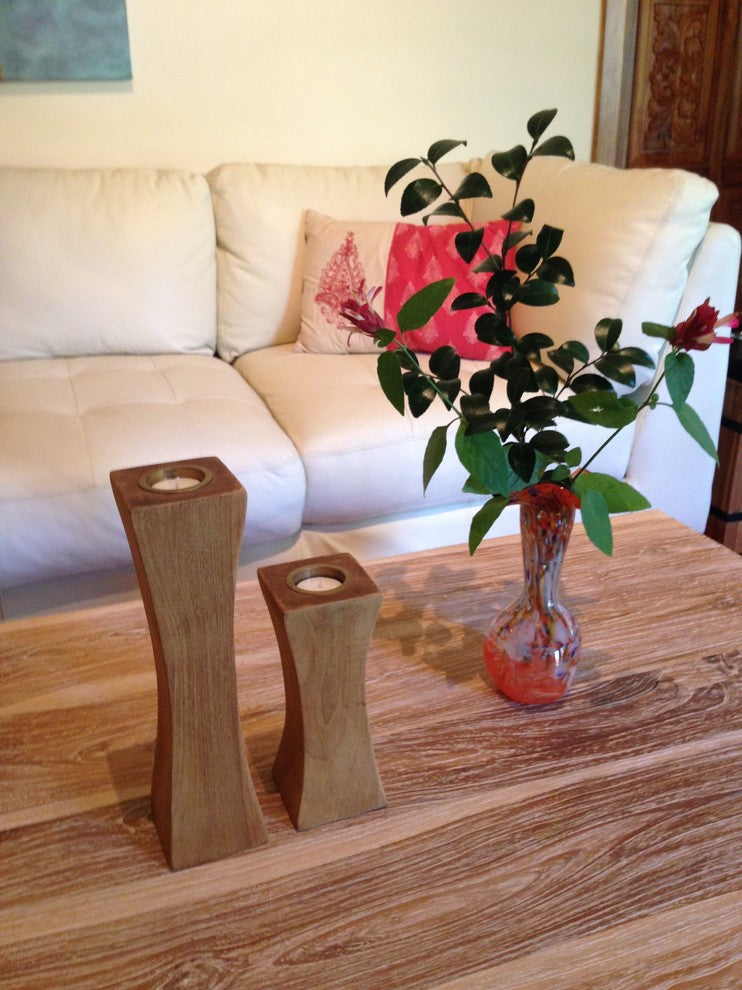 Slim Recycled Teak Wood Candleholder, 2-Piece Set