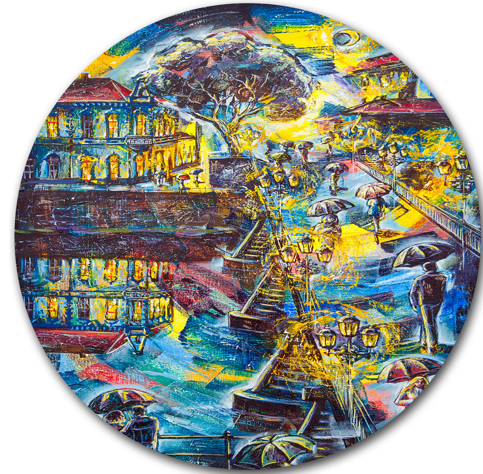 Night City Graphics Art, Cityscape Round Wall Art, 11"