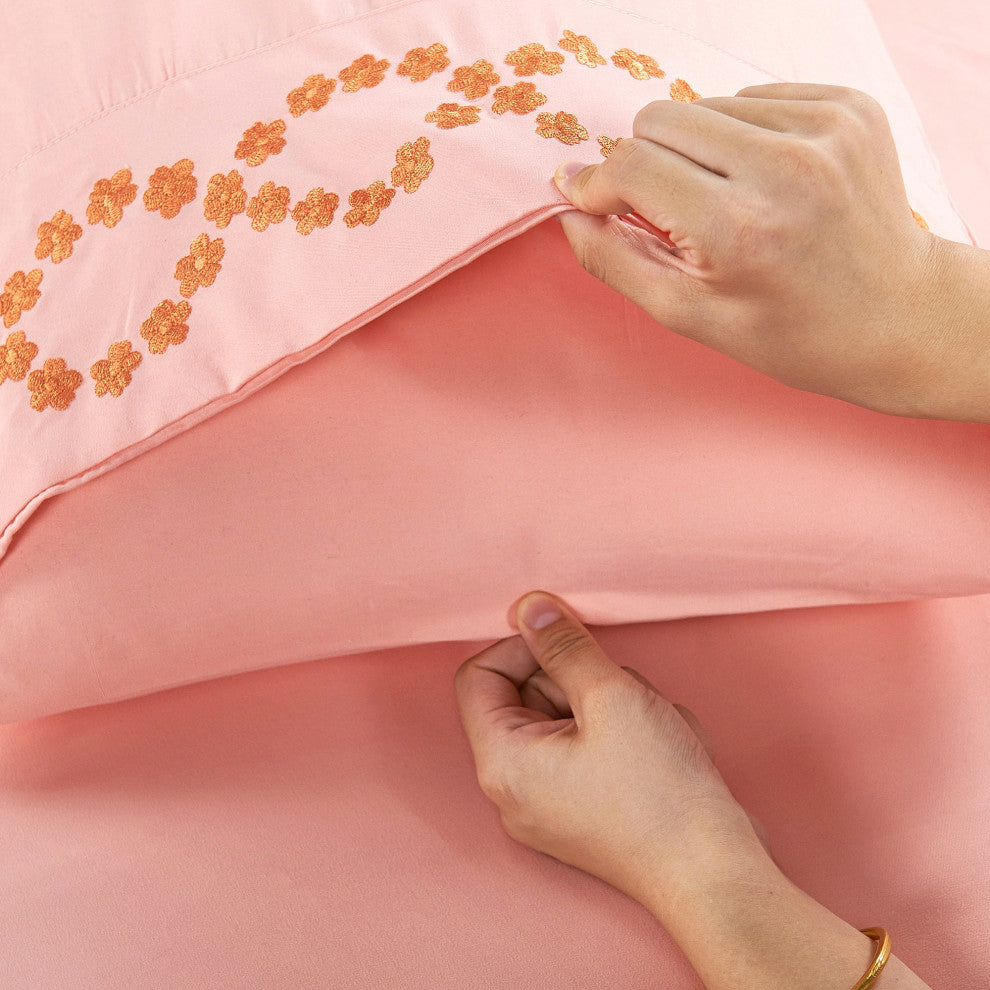 Serenta Puka Lei Embroidered 4 Piece Bed Sheet Set, Rose Quartz, King