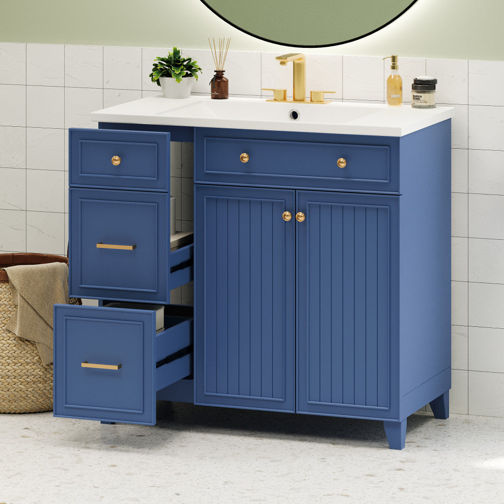 36 Inch Bathroom Vanity, Transitional Style Bathroom Cabinet with Resin Sink, Navy Blue