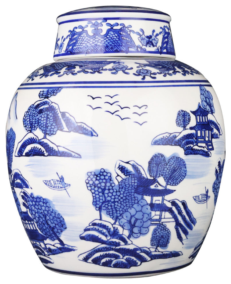 Chinese 9" Ginger Jar, Export Blue and White Porcelain Landscape