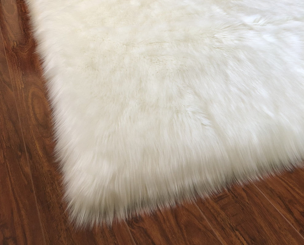 Super Soft Faux Sheepskin Silky Shag Rug, White, 6' Square
